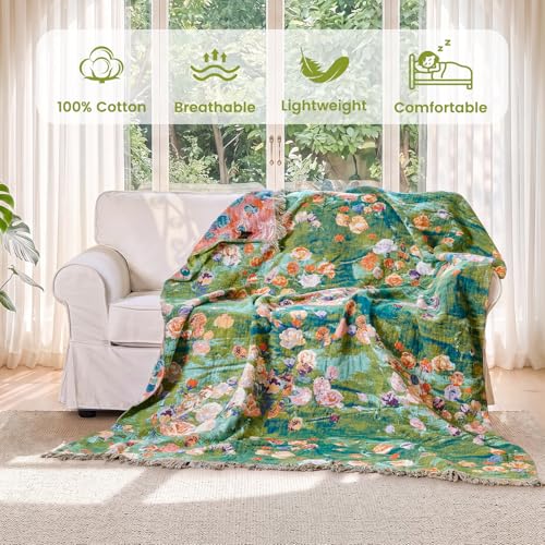 Image of MSGKV Boho Throw Blanket 50 inchx60 inch Cotton Floral Muslin Blanket for Sofa