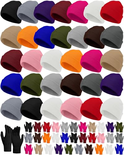 Image of JaGely 64 Pcs Kids Hats and Gloves Bulk Winter Beanies Hat Gloves for Toddler Boys Girls School Donation Wholesale
