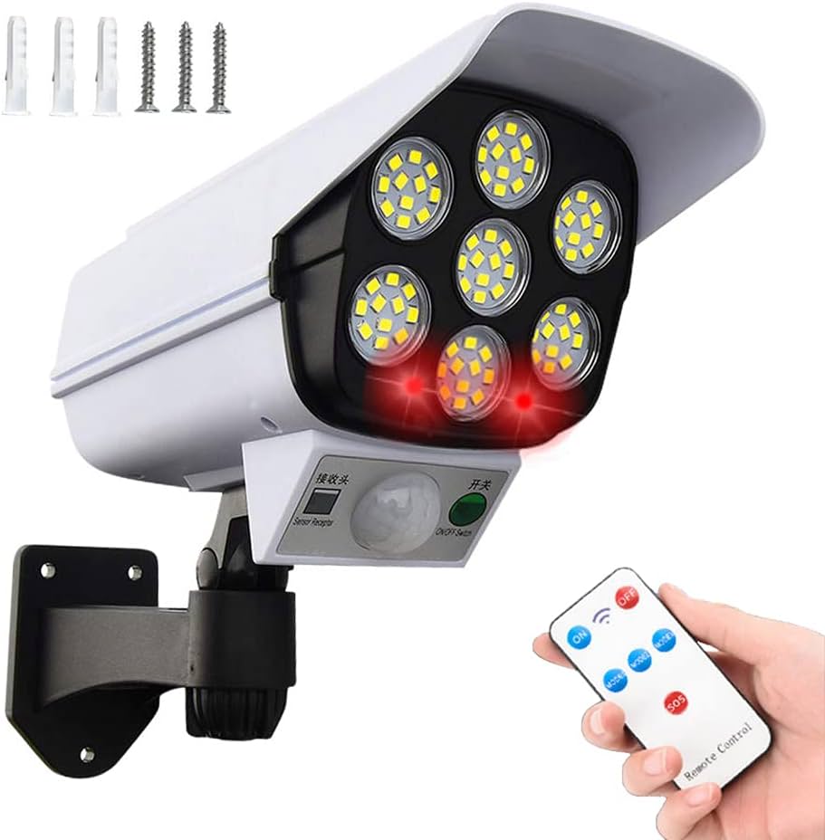 77 LED Solar Security PIR Motion Sensor Light with Remote Control. Dummy  Surveillance CCTV Light. Roatable Angle Adjustable LED Wall Light. Outdoor  Fake Camera with Light for Fence Patio Front Door: Buy