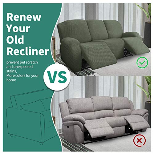 Image of YEMYHOM 8 Pieces Stretch Recliner Sofa Cover Jacquard Reclining Couch Cover with Side Pocket Anti-Slip Fitted 3 Cushion Furniture Slipcovers with Elastic Bottom (Large, Army Green)
