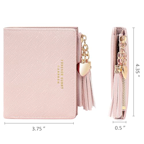 Image of KOTORA Womens Small Wallet Girls Tiny Slim Wallets Pretty Mini Card Holder Thin Short Zip Coin Purse with Love Pendant and Tassels (Pink)