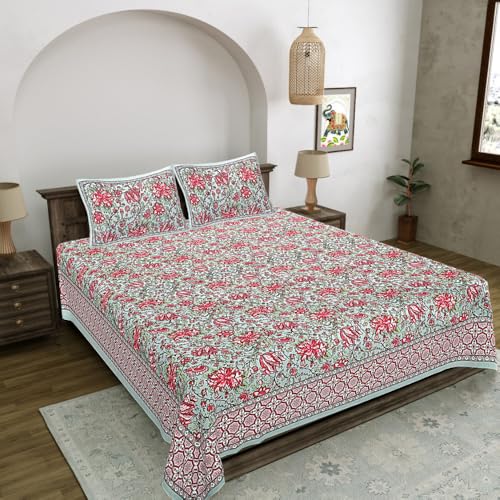 Image of Living Roots Jaipuri Hand Block Print Double Cotton Bedsheet & 2 Pillow Covers, for Mattress Upto 8 inches Thick, No Colour Bleeding, Pink Colour, Super King Size 96 * 104 inches, 150TC (580-B)