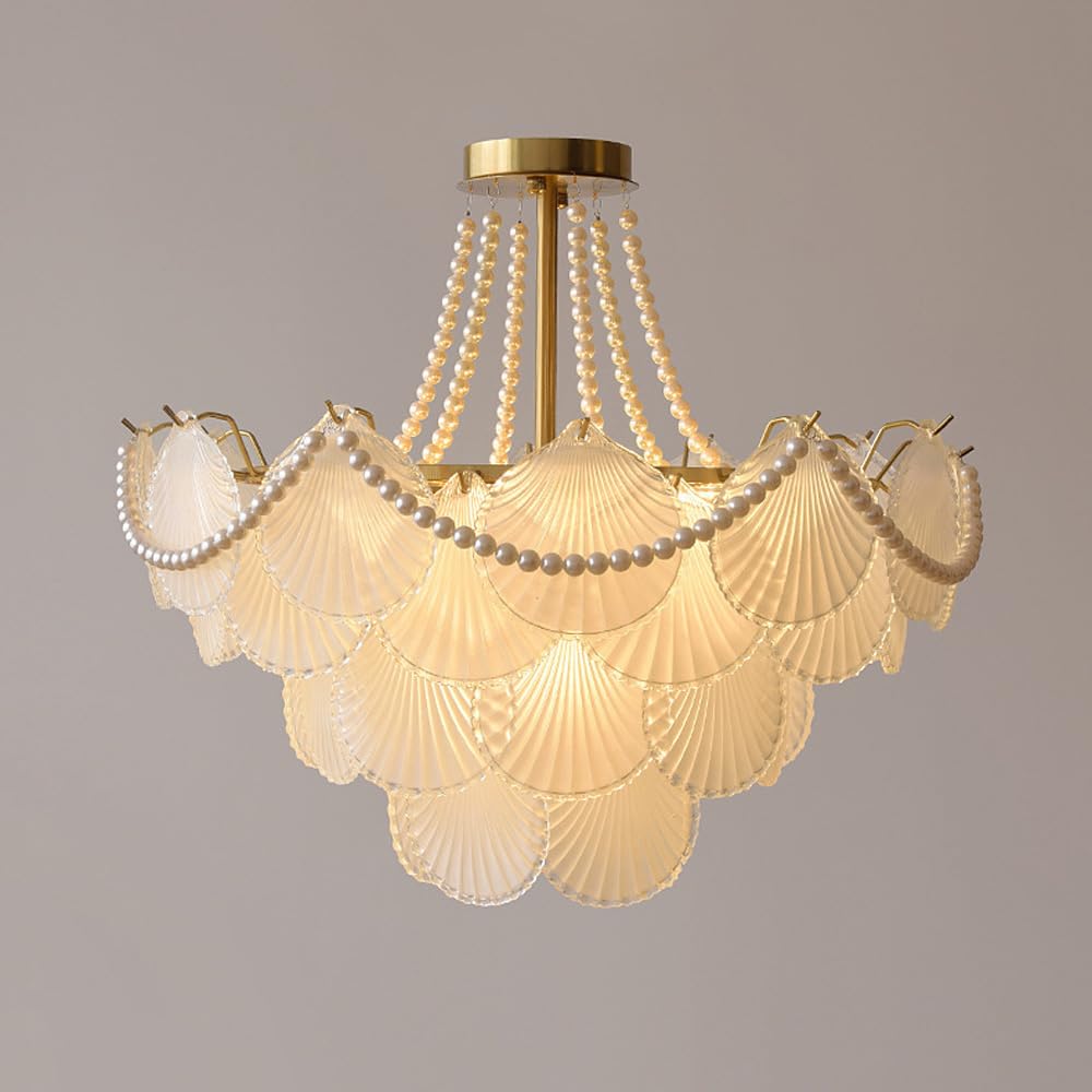 Lámpara de araña de Cristal Esmerilado Dorado de 20" - Diseño Art Déco de Perlas y Conchas Marinas, lámpara de Techo semiempotrada Grande de 4 Niveles, Estilo nórdico Moderno, Colgante para
