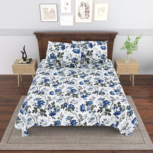 Image of Mafatlal Saanjh 144 TC Cotton Double Bedsheet 90x100 Inch | Soft Floral Printed Bed Sheet | Breathable Comfort Fabric | 2 Pillow Covers Included | Sapphire Blue