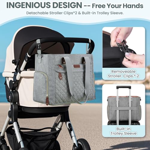 Image of Pritent Diaper Bag Tote for Working Mom, Large Travel Diaper Tote for Mom and Dad with 14 Inch Laptop Sleeve, Mommy Maternity Travel Baby Bag for Boys and Girls, Grey
