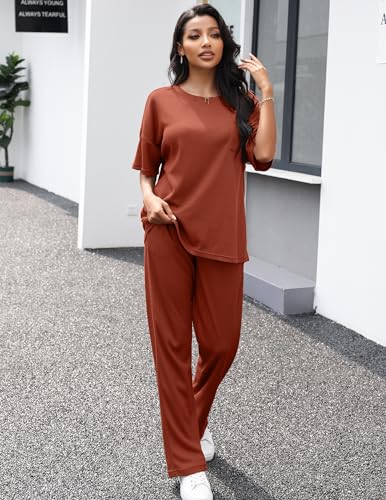 Image of JiniGolla Womens Pajama Sets Waffle Knit Short Sleeve Shirt with Long Pajama Pants Soft Sleepwear Pj Lounge Sets