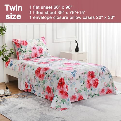 Image of JSD Watercolor Rose Floral Printed Sheet Set Twin Size | 3 Piece Soft Botanical Microfiber Sheets, OEKO-TEX Certified, Easy Care