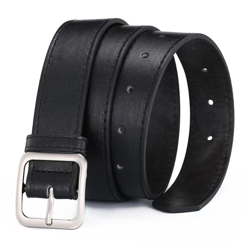 Classic Leather Belt for Women, Black, Square Buckle, Dress Belt2