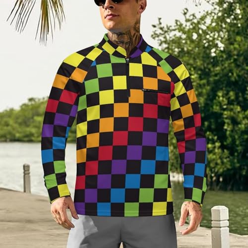 Rainbow LGBT Checkered Men's Rash Guard Long Sleeves Quick Dry Fishing Workout Shirts with Zipper2