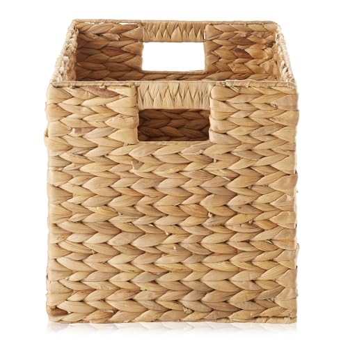 Casafield 10.5" x 10.5" Water Hyacinth Storage Baskets, Natural - Set of 4 Collapsible Cube Organizers, Woven Bins for Bathroom, Bedroom, Laundry, Pantry, Shelves