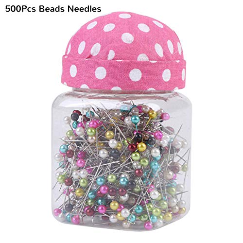 500Pcs Pearl Needles Quilting Pins Packed in Pink Fabric Covered Pin Cushion Bottle Wedding Decorating Tool Sewing Crafts