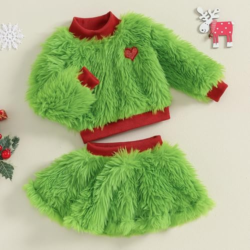 Toddler Baby Girl Christmas Outfit Green Furry Sweatshirt Tops Skirts Set Infant Fall Winter Christmas Clothes3