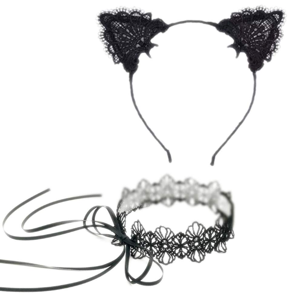 Handmade Black Sexy Lovely Cat Ears Lace Headband Fancy Dress Hair Band Headpiece with Tie up Lace Choker Set