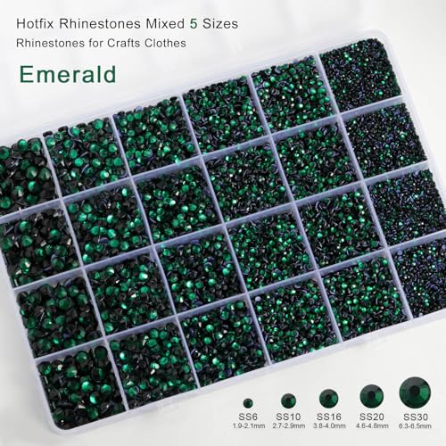 Image of Hotfix Rhinestones Kit,Emerald,Mixed 5 Sizes 14400pcs | Dark Green Hot Fix Crystals, for Bedazzling Clothes Crafts, with Wax Pencil,Tweezers and Spoon,SS6-SS30
