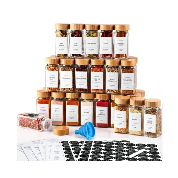 DWTS DANWEITESI 36 Pcs Spice Jars with Label-4oz Glass Spice Jars with Bamboo Lids,Spice Bottles Empty Glass With Labels, Kitchen Empty Spice Jars with Shaker Lids
