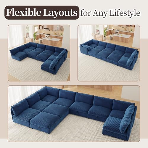 Image of Oversized Corduroy Modular Sectional Sofa Bed with Hidden Storage, Convertible L U Sleeper Couch, Modular Sofa 10 Seat Free Combination with Ottoman & Removable Covers for Living Room, Blue