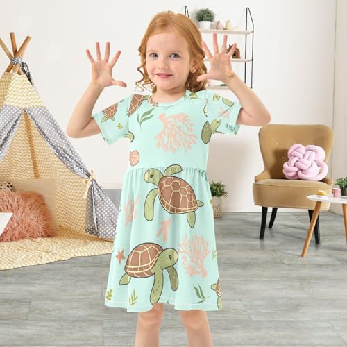 OTVEE Girls Cute Sea Turtles Dresses Swing A-Line Short Sleeve Dresses Casual Clothes,5-6T4