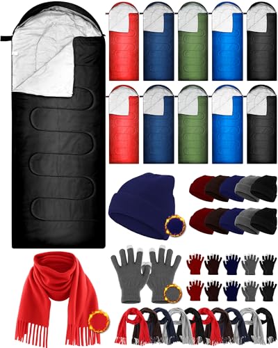 Tranqun 40 Pcs Sleeping Bags for Adult Bulk with Winter Beanie Hat Touch Screen Gloves Scarves, Waterproof Cotton Liner Cold Weather Sleeping Bag for Homeless Camping Indoor Outdoor(Multicolor)