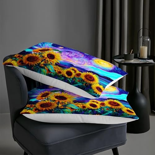 Image of AILONEN Sunflower Bedding Set Twin Size for Kids Teens Girls Women,Blossom Flower Floral Comforter with 2 Pillowcase,Dreamy Purple Blue Starry Quilt Set,3-Piece