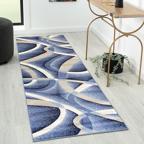 2305 Geometric Abstract Blue 2x7 Area Rugs for Entryway