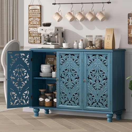 Image of Accent Cabinet with 3 Doors, Decorative Storage Cabinet with Adjustable Shelf, Carved Sideboard Buffet with Solid Wood Legs for Living Room, Entryway, Kitchen, Hallway, Blue
