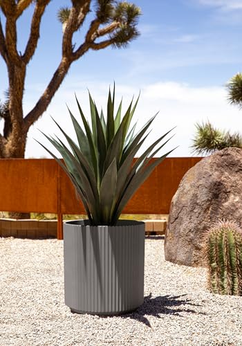 Image of Veradek Mason Series Demi Planter - Large Round Planter for Indoor or Outdoor Patio /Balcony | Made from Plastic & Concrete with Drainage Holes | Modern Decor for Flowers, Trees, Tall Plants