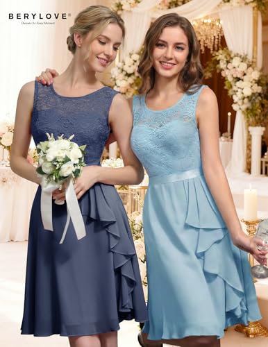 Image of BeryLove Womens Boat Neck A Line Sleeveless Lace Formal Homecoming Dress | Short Dress With Ruffle Hem, Sparkly Design Ideal For Wedding Guest,Bridesmaid Cocktail Prom & Evening Party Events