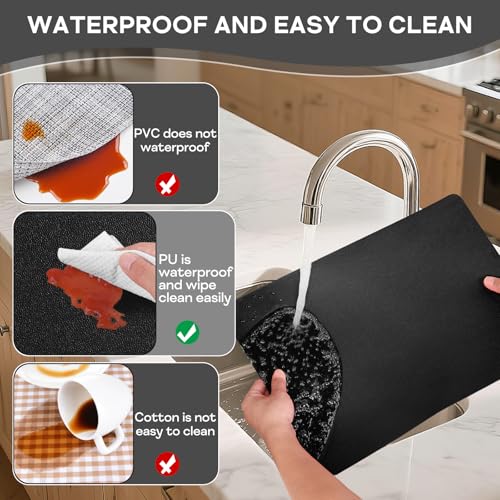 Faux Leather Placemats and Coasters Set of 6, Wipeable Waterproof Oil-Proof Heat Resistant Table Mats for Dining, Kitchen, Hotel, 16.9 x11.8 inches(Large Place Mats) - Black - Image 6