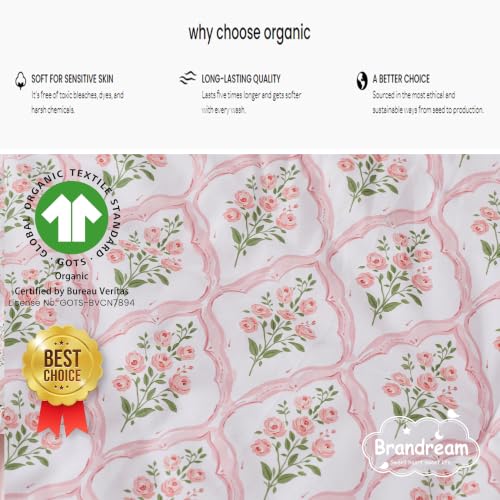 Image of Brandream Organic Cotton Crib Fitted Sheets for Baby Girls Fit Crib /Toddler Bed | French Country Pink Floral Trellis, Grandmillennial Cottagecore Style Super Soft Cotton Baby Nursery Bed Sheet