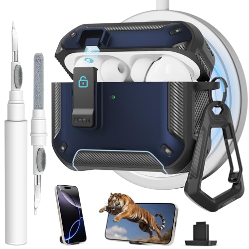 Image of for AirPods Pro 3 Case with Magnetic Lock and Phone Stand, Compatible with Magsafe Charging,with Carabiner&Cleaner kit for Apple iPod Pro 3rd Generation Cover(2025) Men Women (Deep Blue)