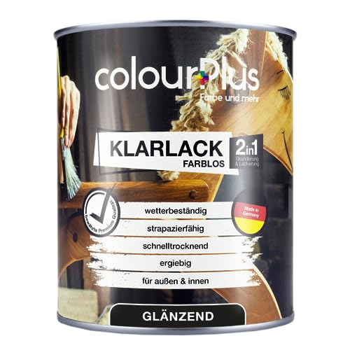 colourPlus 2 in 1 Klarlack 750ml glänzend - Hochwertiger Holzlack für innen und außen, UV- und wetterbeständig, optimaler Schutz und Veredelung für Holz. Spielzeugsicher