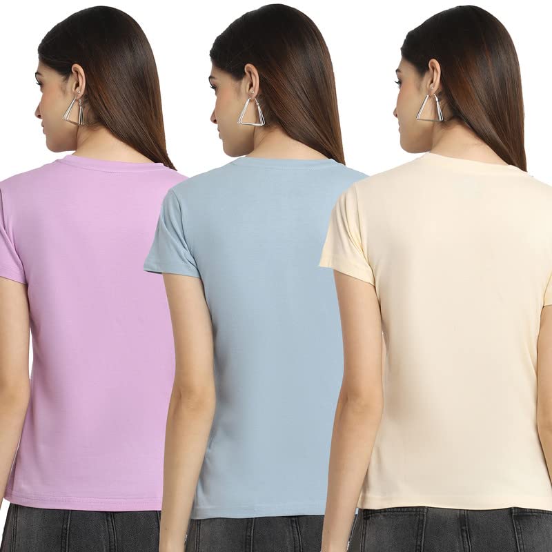 Image of Preneum Women's Cotton Regular Fit Graphic Stylish Printed Short Sleeves Casual T-Shirt || Trendy (Pack 3), Purple & Grey & Cream, S