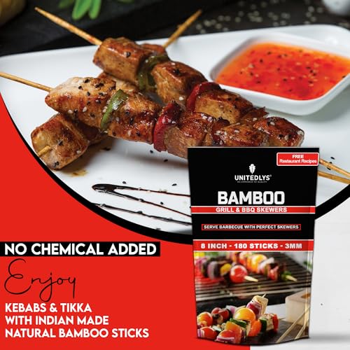 Unitedlys® Bamboo Skewers Sticks 8 inches 3mm Pack of 180 | Barbeque Stick for Microwave Oven & Pan | Skewers for Grilling Kabab Stick | Barbeque Grill Wooden Stick | Barbeque Bamboo Sticks