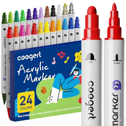 Coogert 24 Paint Pens for Rock, Fabric, Wood, Glass, Craft, Dual Tip Acrylic Paint Markers With Fine-Dot Tip for Canvas,Ceramic, Plastic, Art Painting Supplies Kit