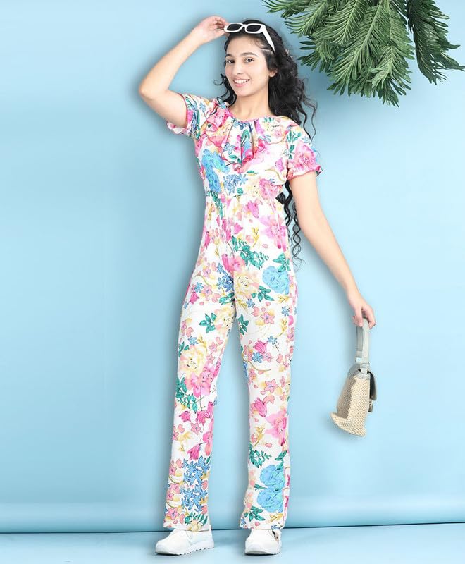 Image of Girls Stylish Floral Print Embellished Jumpsuit | Lightweight & Comfortable Fabric | Jumpsuit for Kids | Ideal for Casual & Outings