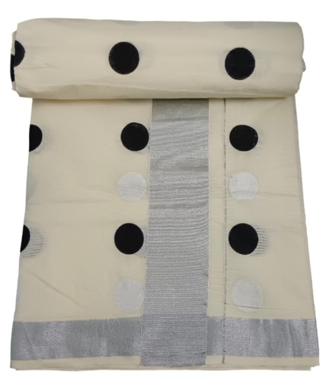 Kerala Kuthampully Kasavu cotton Saree Polka Dots, Peacock Patterns Pack of 1-image-17