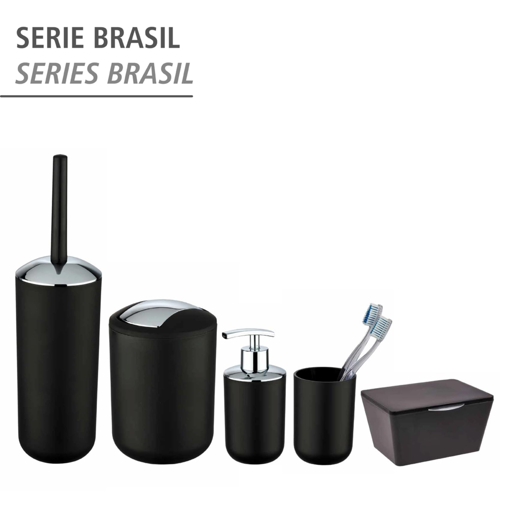 Wenko Papelera para cosméticos Brasil S, capacidad de 2 litros, papelera de baño con tapa abatible, papelera pequeña de plástico irrompible, sin BPA, Ø 14 x 21 cm, negra