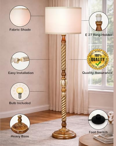 Image of Homesake Rustic Wood Floor Lamp for Living Room Walnut Brown with Shade | Light Decoration for Home Corner Lamp for Living Room | Antique Floor Light Twisted Ropes, KD Off-White Drum