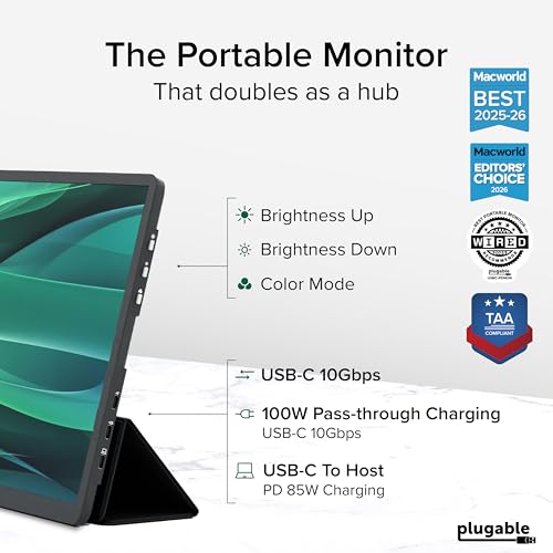 Image of Plugable 15.6 inch USB-C Portable Monitor with 100W Pass-Through Charging | 2X USB-C 10Gbps Hub | FHD 1920x1080 IPS Display for Mac, Windows, iPad, Smartphone | 1.85lbs, Travel Cover /Stand Included