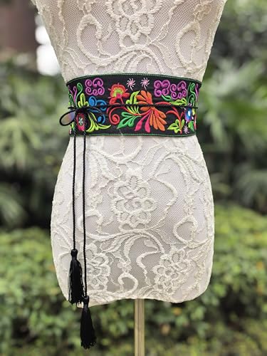 FANFAN Traditional Embroidered Mexican Belt Tassel Waist Belt Adjustable Belt Day Of The Dead Ethnic Boho Party Belt E12