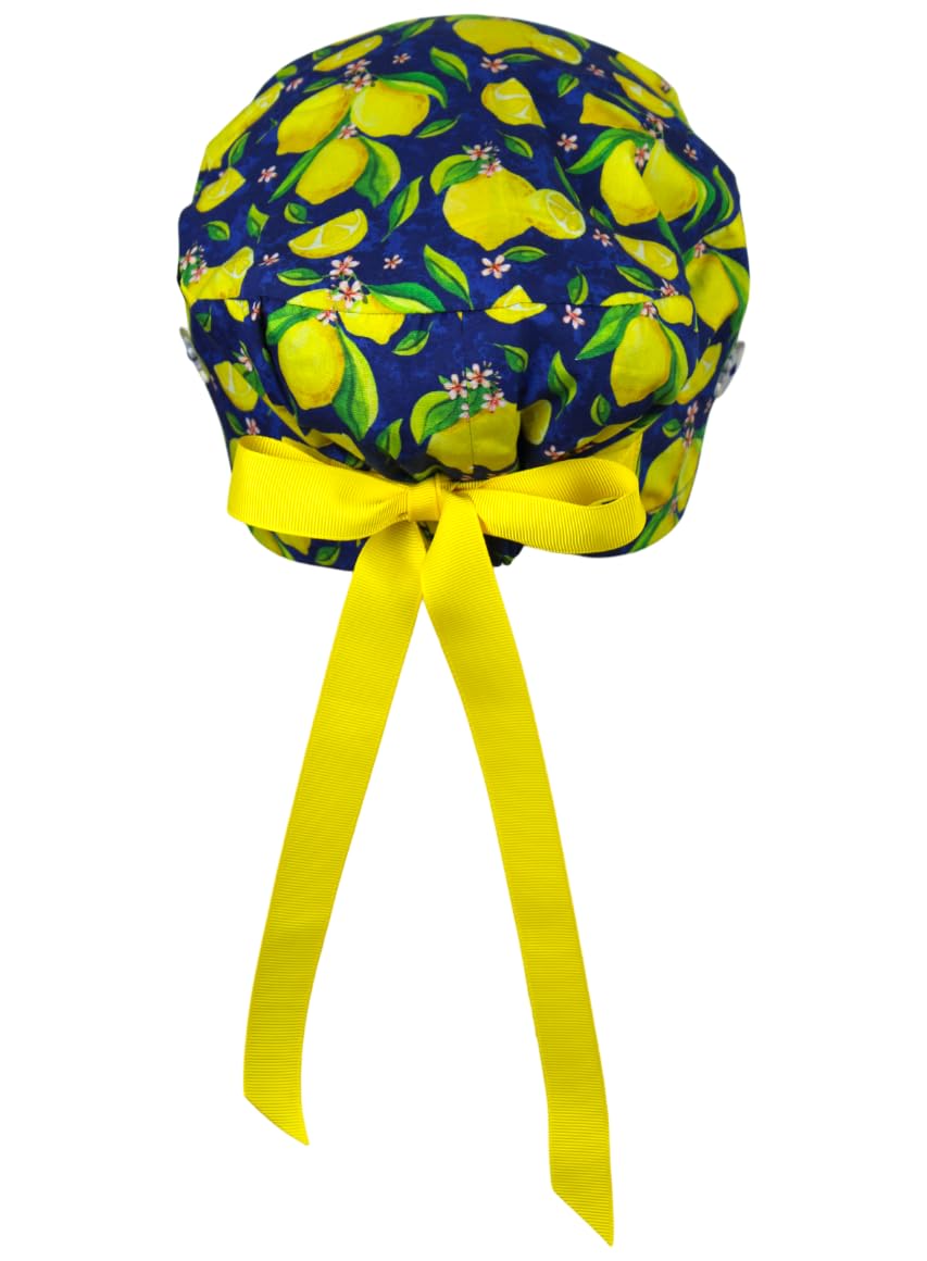 CALOMED Scrub Cap for Women, Euro Style Scrub Caps, Working Hat, Head Cover with Ribbons and Buttons, Long or Short Hair (Lemon and Flowers on Blue)