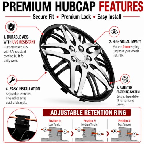 Image of LYDS Superstar Black & Silver Universal 15 inch Premium ABS Hubcap Wheel Cover Replacement Set of 4 - KWC-15C-BLK