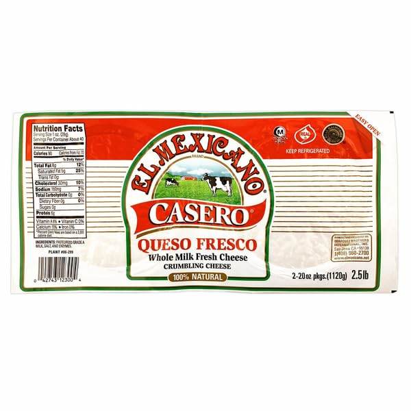 Queso Fresco Casero Cheese, 20 oz, 2-count, Ships Chilled; Queso Fresco Casero; Whole milk cheese; Vacuum packaged; 20 oz pk;