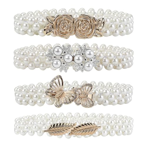 Women's Fashion Pearl Decorative Waist Chain, Pearl Belt, Metal Flower Bow Pearl Waist Chain Pearl Chain Waist Belt for Women Dress Dancing Retro Party