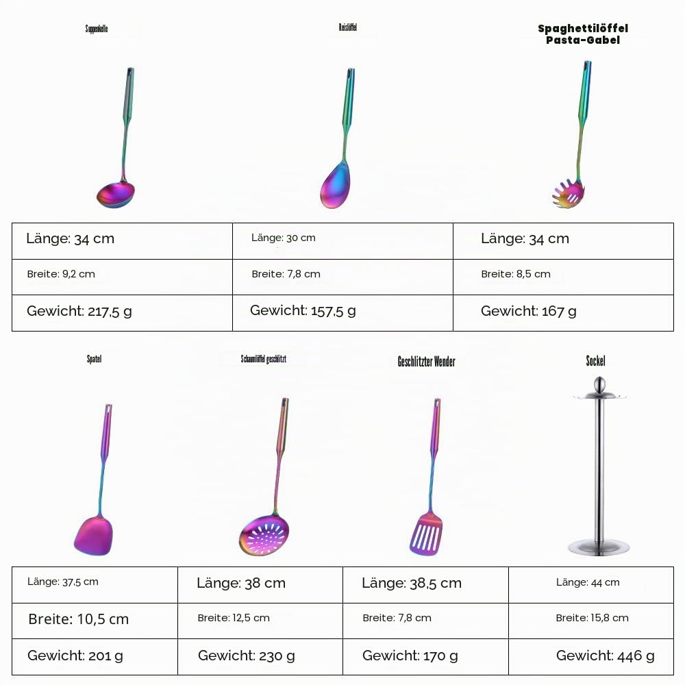 Edelstahl Kochutensilien Set 6 teilig mit 1 Ständer, Kochbesteck Set, 1 Wok-Spatel, 1 Geschlitztem Tuner, 1 Schaumlöffel, 1 Reislöffel, 1 Suppenlöffel, 1 Pasta Server (Regenbogen)