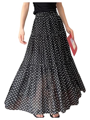 Verdusa Women's Polka Dots Ruffle Maxi Skirt Elastic High Waisted A Line Flowy Long Skirts
