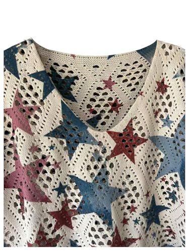 SOLY HUX Women's Star Print Hollow Out Sweater V Neck 3/4 Sleeve Crochet Knit Summer Pullover Tops3