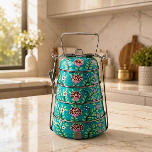 Image of iHandikart Handpainted Decorative Lunch Box Tiffin | Multiple Tier Stainless Steel Food Box | Designer Indian Print Tiffin for School | Diwali Gift, Navratri Gift (Color - Multicolor)