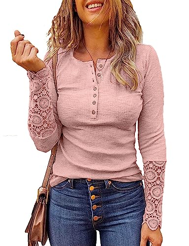 Image of Kancystore Women's Fall Long Sleeve Tops Lace V Neck Button Down Henley Shirts Tunic Blouses