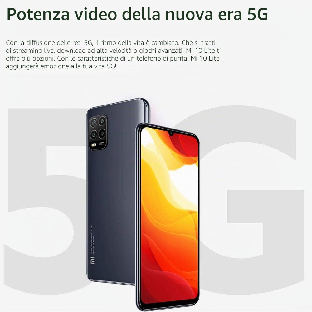 Xiaomi Mi 10 Lite 5G Smartphone - RAM 6GB ROM 128GB 6.57'' AMOLED 48MP quad-telecamera 4160mAh (typical) NFC nero [Versione globale]